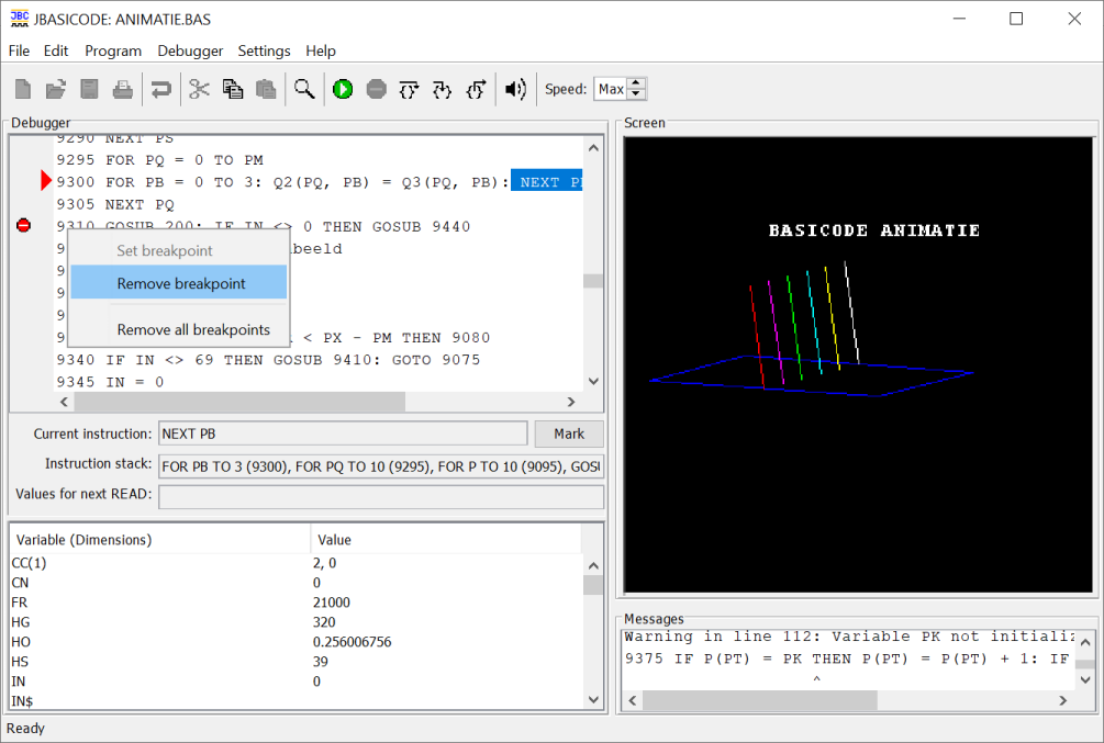 Screenshot of JBASICODE debugger with English user interface