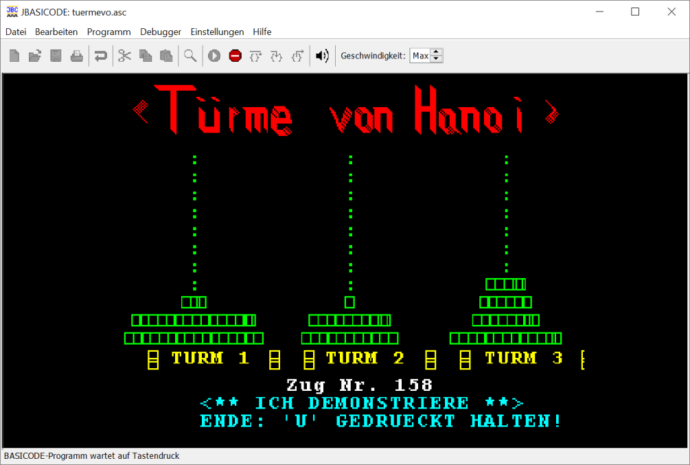 Screenshot of JBASICODE in presentation mode with German user interface