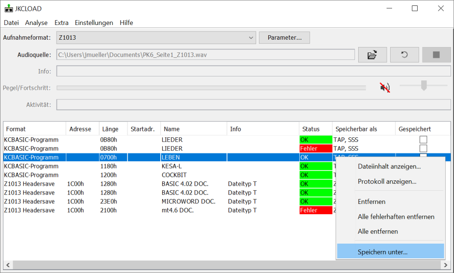 Screenshot vom JKCLOAD-Hauptfenster